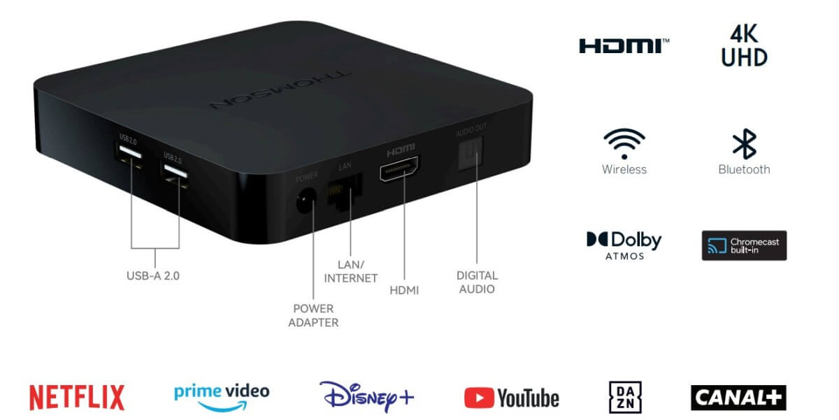 THOMSON Streaming Box 240 – Google TV 4K UHD, Google Assistant, Cast, Bluetooth 5.0, HDMI 2.1, Dolby Atmos